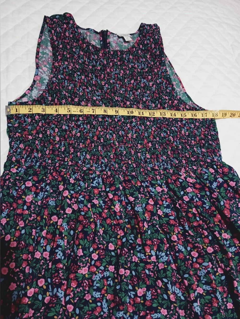 J. CREW Smoked Floral Midi Dress in Navy- Pink-Green Pockets,Zip On Back Size XL